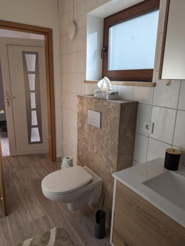a bathroom with a toilet and a sink at Schöne Ferienwohnung in Lehrberg