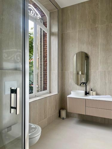 a bathroom with a toilet and a sink and a mirror at Suite Arche - Maison les Arcades au pied de la Gare de Charleville-Mézières in Charleville-Mézières