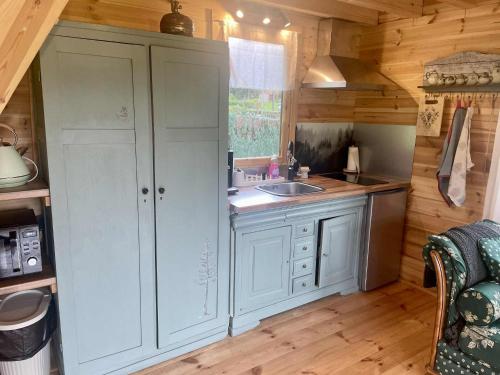 La Celle-sous-GouzonにあるChalet natureの白いキャビネットとシンク付きのキッチンが備わります。