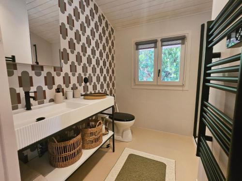 a bathroom with a sink and a toilet at Maison de charme au Canon in Lège-Cap-Ferret