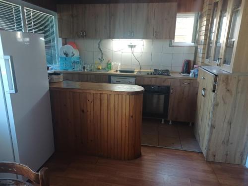a kitchen with wooden cabinets and a refrigerator at Kuća u selu sa bilijar salom za aktivan odmor in Mionica
