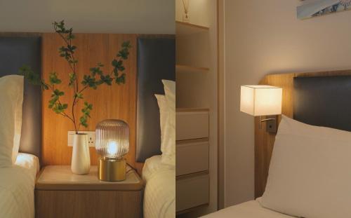 two pictures of a bedroom with a bed and a lamp at Honey Wink - Zenity & D1 - Apartment in District 1 in Kon Rung (1)
