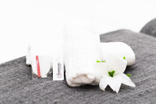 a roll of toilet paper and a white flower at Apartamento Uso Turistico Ancora de Oro in Fisterra