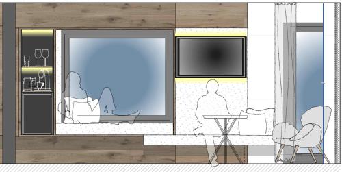 a rendering of a restaurant with people standing outside of the window at Margarethenstein Boutique Hotel in Kaprun