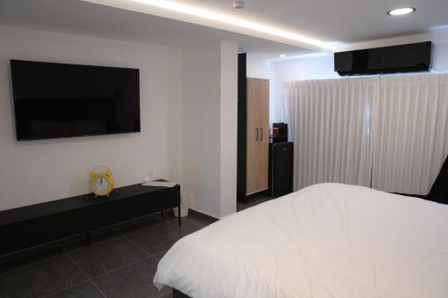 a bedroom with a bed and a flat screen tv at Puy Castele Hotel Tiberias in Tiberias
