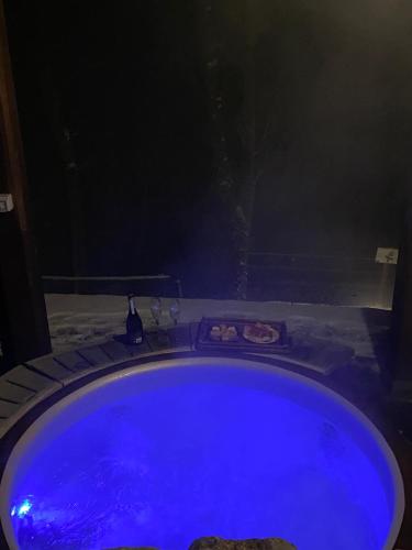 a blue bath tub in a room with a window at L'Albero parlante- affittacamere del Bosco Incantato di Ostana con colazione inclusa in Ostana