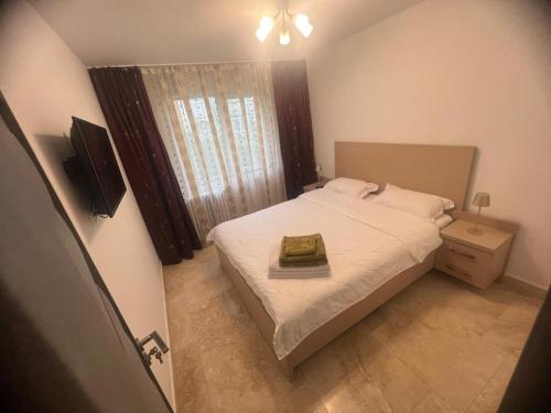 a small bedroom with a bed and a window at Ywa in Râmnicu Vâlcea