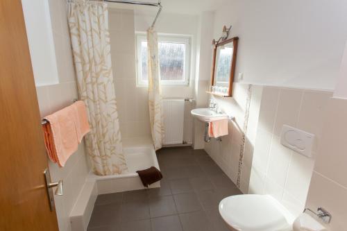 a bathroom with a toilet and a sink at Hotel und Restaurant Teegen in Leezen