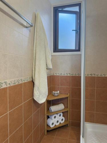 a bathroom with a shower and a window and towels at Tranquil Poolside apartment with stunning views in Mazotos