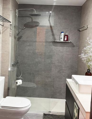 a bathroom with a shower and a toilet and a sink at Ribeiro house in Lourinhã