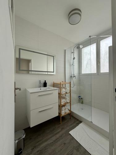 un bagno bianco con lavandino e doccia di Bourges Express a Bourges