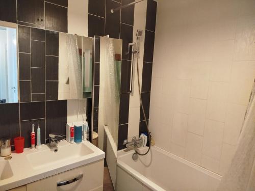 ein Badezimmer mit Dusche, Waschbecken und Badewanne in der Unterkunft Wonderful sea view apartment in Nizza