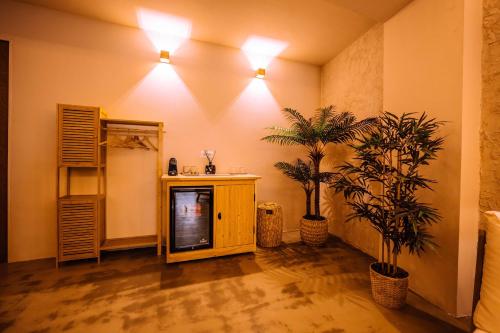 a room with two potted plants and a television at Romantische suite met jacuzzi & sauna - dichtbij stadscentrum in Eindhoven