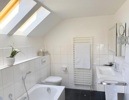 a white bathroom with a toilet and a sink at Ferienhaus Birds No 11 Lauchringen in Lauchringen