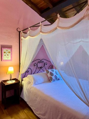 a bedroom with a white bed with a canopy at El Balcón De Alboreca in Sigüenza