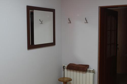 a mirror on a wall next to a radiator at 2х місна кімната з видом у сад in Delyatyn