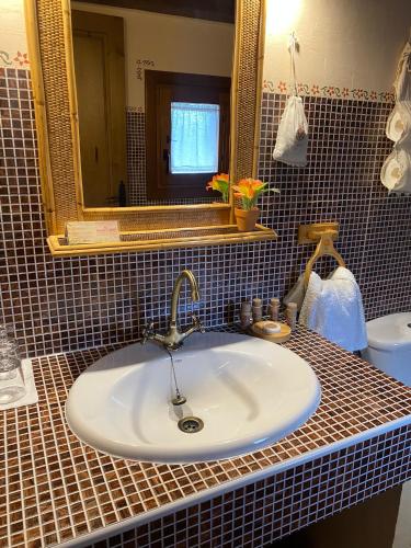 a bathroom counter with a sink and a mirror at El Balcón De Alboreca in Sigüenza