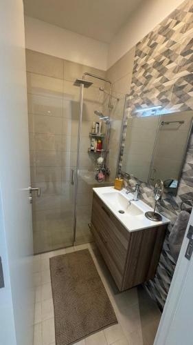 ein Badezimmer mit Waschbecken und Dusche mit Spiegel in der Unterkunft Ayla-Azure in Aqaba