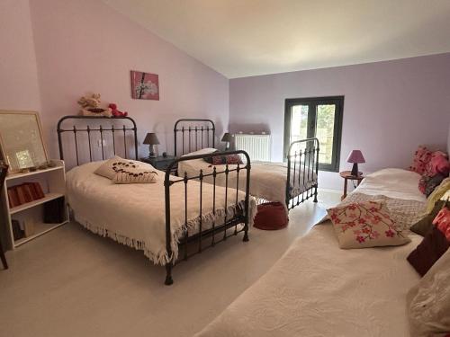 a bedroom with two beds and a window at Belles chambres et SPA, en pleine nature in Cournonsec