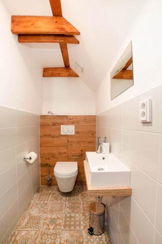 a bathroom with a white toilet and a sink at U Mirina in Velké Karlovice