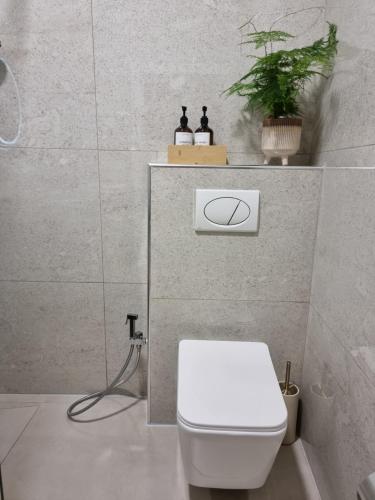 a bathroom with a white toilet and a plant at KC Apartments 3 in Berat