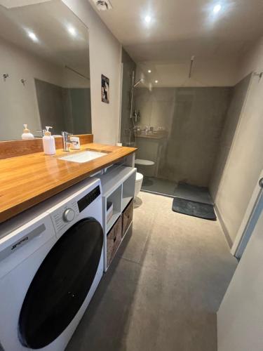 a bathroom with a washer and dryer under a counter at Precioso y tranquilo apartamento zona alta Diagonal Barcelona in Barcelona