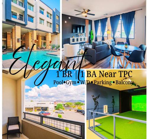 a collage of photos of a apartment at Peaceful 1BR Kierland Common, TPC Golf, Pool, Gym, W-D in Scottsdale