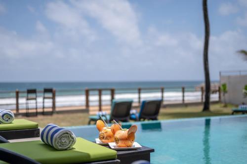 two toy animals sitting on a table next to a swimming pool at Villa 46 in Hikkaduwa