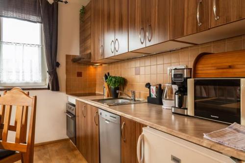 a kitchen with wooden cabinets and a counter top at Entire condominium, Boží Dar, Czech Republic in Boží Dar