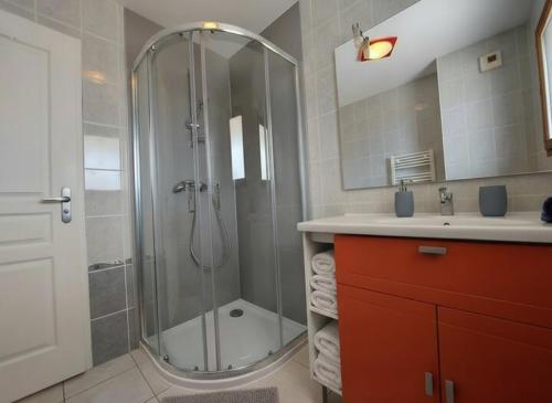 a bathroom with a shower and a sink at Au cœur de St Jorioz, spacieux appartement avec terrasse et vue montagne. in Saint-Jorioz