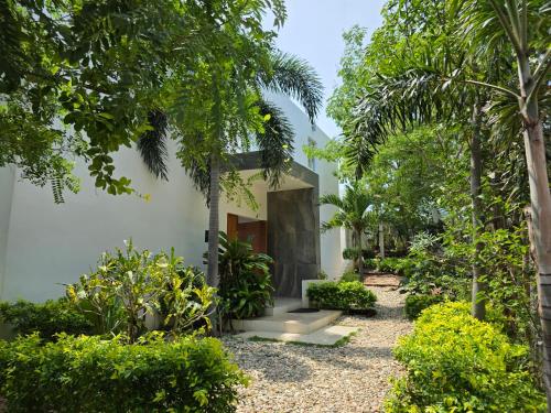 a garden view of a house with trees and bushes at Villa Monte Aragón in San Agustinillo