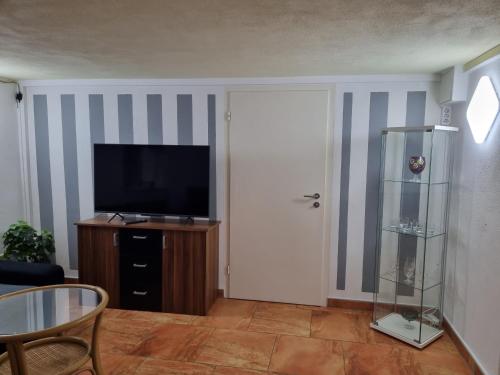 a living room with a television and a sliding door at Natur in Blankenhain
