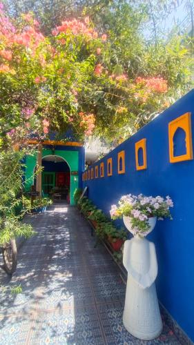 a blue wall with a vase with flowers in it at The Coral Tree Boutique Homestay in Agra