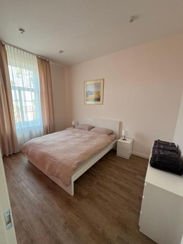 a bedroom with a large bed and a window at Dream Apartment in Liepāja