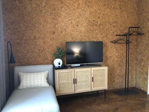 ZalaszántóにあるThe Bohó Vándor Guesthouseの木造のキャビネットの上に座ったテレビ