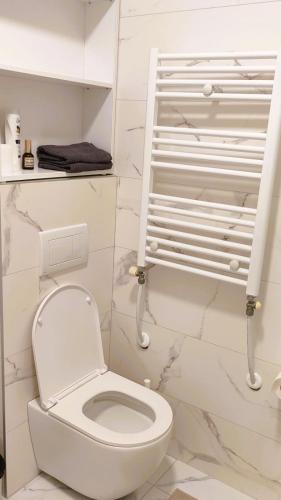 a bathroom with a white toilet in a room at WellNest Niš in Niš