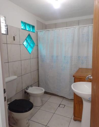 a bathroom with a toilet and a sink and a shower at Ad-ma-da in Epuyén