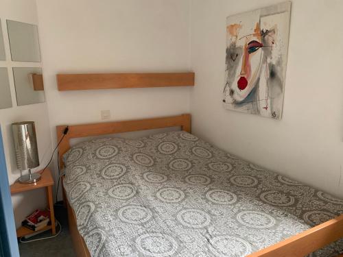 ein kleines Schlafzimmer mit einem Bett und einem Gemälde an der Wand in der Unterkunft Appart T2 Cabine Village Saint Lary Soulan in La Celle-sous-Gouzon