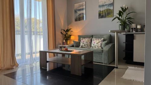 a living room with a couch and a coffee table at Apartament Słoneczny 27 in Bielsko-Biala
