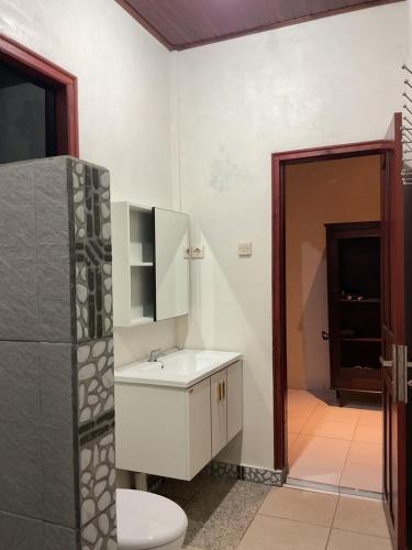 a bathroom with a white sink and a toilet at Buana Asti rooms in Tabanan