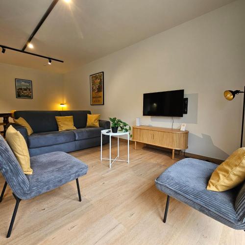 a living room with a couch and a tv at Le gîte de Hourpes in Thuin