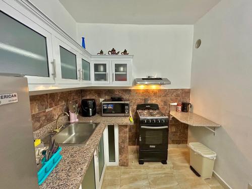 a kitchen with a sink and a stove top oven at Mi Refugio Apartment in Río San Juan