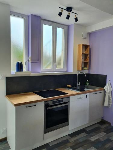 a kitchen with purple walls and a stove top oven at Appartement de la cour du Haut Manoir in Villedieu-les-Poëles