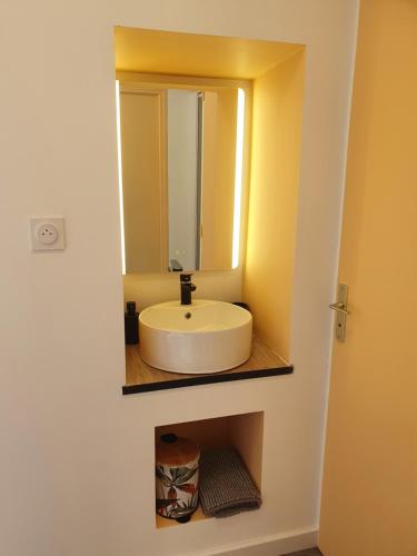 a bathroom with a white sink and a mirror at Appartement de la cour du Haut Manoir in Villedieu-les-Poëles