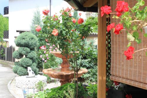 a garden with a fountain with red flowers in it at Apartments Luke in Dubrave Gornje