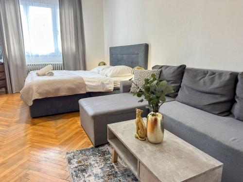 a living room with a couch and a table at Simcity I free parking 24h self check-in in Banská Bystrica