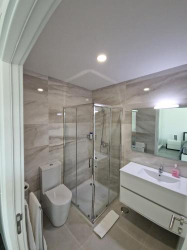 a bathroom with a shower and a toilet and a sink at Casa da Biquinha in Vouzela