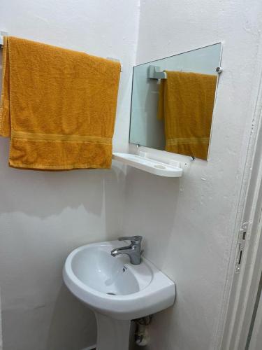 a bathroom with a sink and a mirror and a towel at Appartement 2 Chambres bord de mer in Pointe-Noire