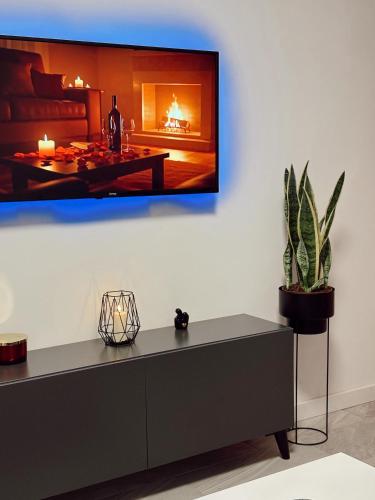 a living room with a table and a fireplace at Honey apartments in Ledine