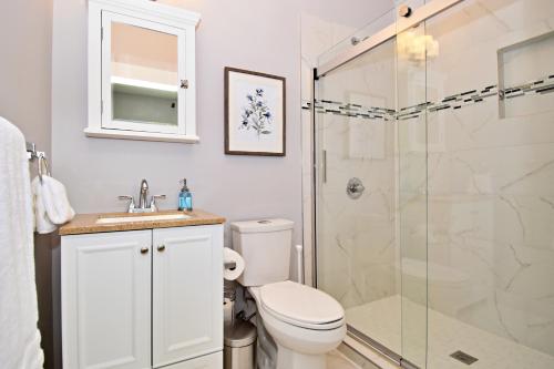 a bathroom with a toilet and a glass shower at Private Hot Tub - Walk to Pearl - Pet Friendly 3BR in San Antonio